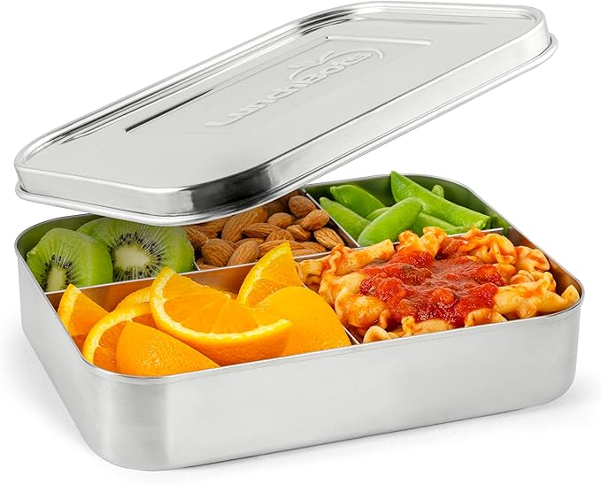 LunchBots Large Cinco Stainless Steel Lunch Container - Five Section Design Holds a Variety of Foods - Metal Bento Box - Dishwasher Safe - Stainless Lid
