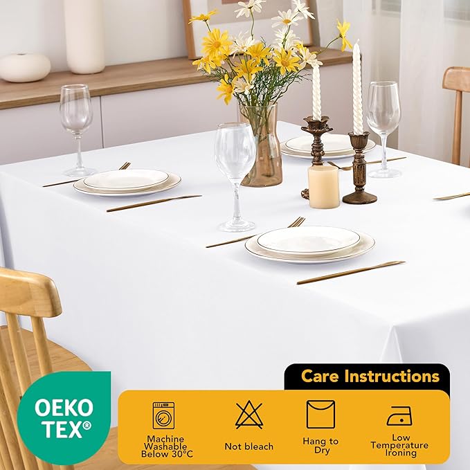 10-Pack White Tablecloths for Rectangle Tables, 60 x 84 Inches, Stain-Resistant Polyester Fabric for 4 Foot Tables - Washable Table Covers for Weddings, Banquets, Birthday Parties, Events