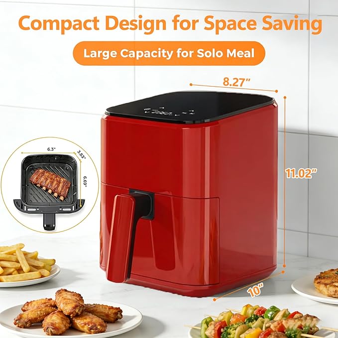 Simple Deluxe 8-in-1 Air Fryer 3 Qt, Digital Preset Airfryer with Overheat Protection and Auto Shut-Off, Nonstick and Dishwasher-Safe Basket for Fries, Bake, Roast, 60-Min Timer, Max 400°F, 800W, Red