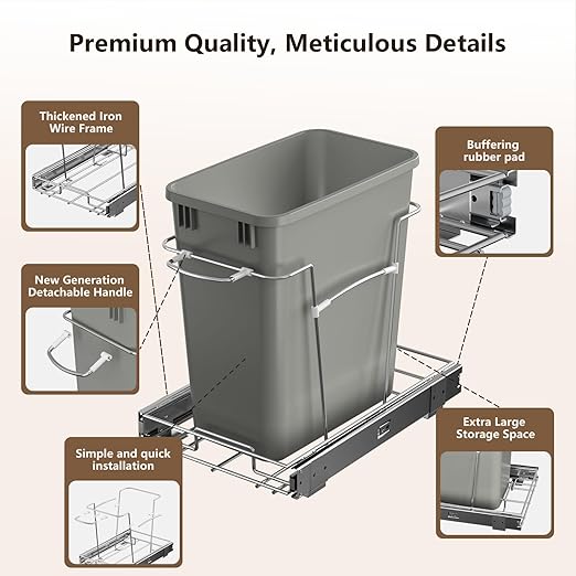 Pull Out Trash Can for Kitchen Cabinets, Under Sink Garbage Bin with 35 Qt / 8.75 Gal can, Full Extension Slides, Heavy-Duty Steel Frame Requires Minimum 13" W x 22" D Cabinet Opening