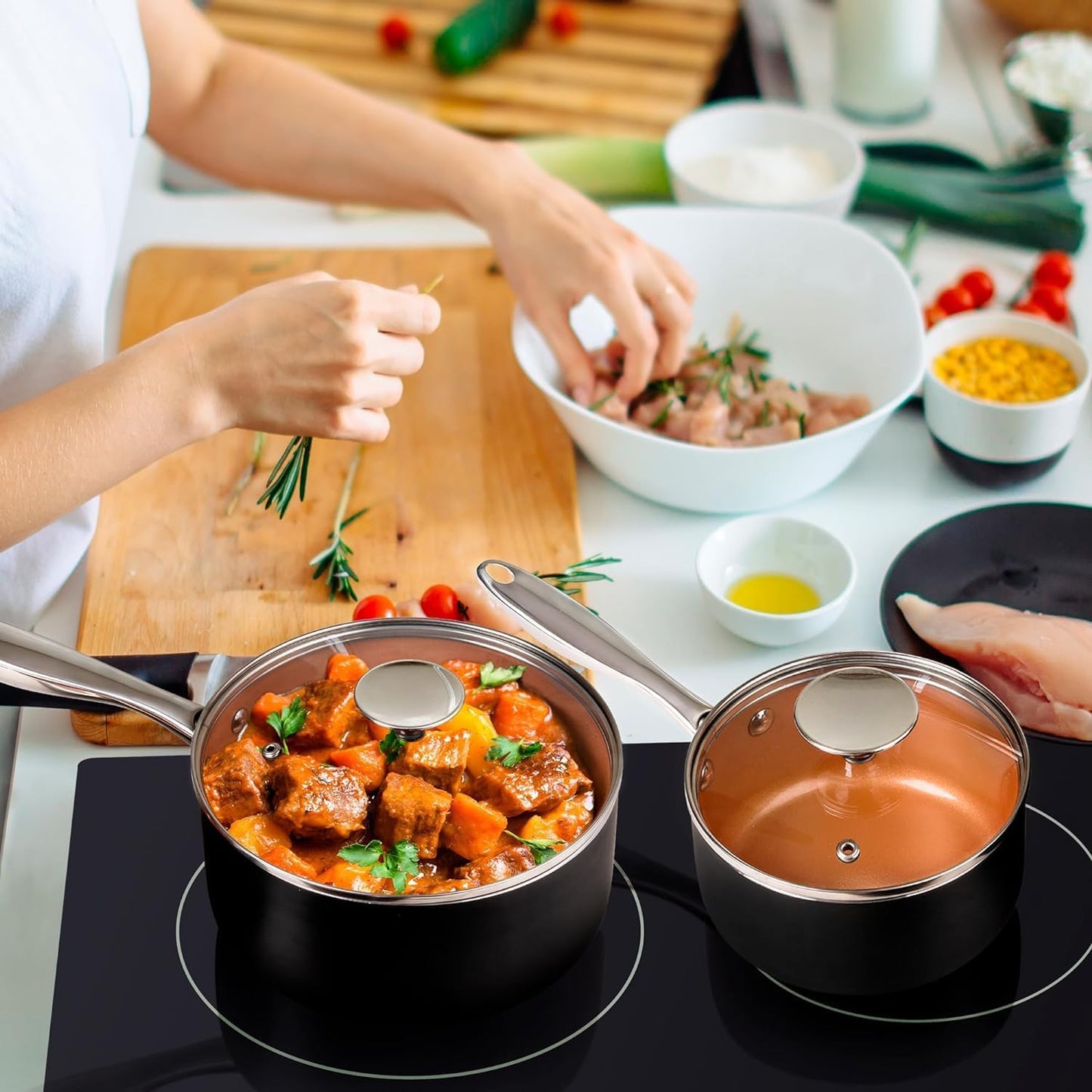 MICHELANGELO Sauce Pan with Lid, 1Qt & 2Qt & 3Qt Sauce Pan Set, Ceramic Saucepans with Lids, Copper Small Pots, Nonstick Saucepan Set, Oven Safe
