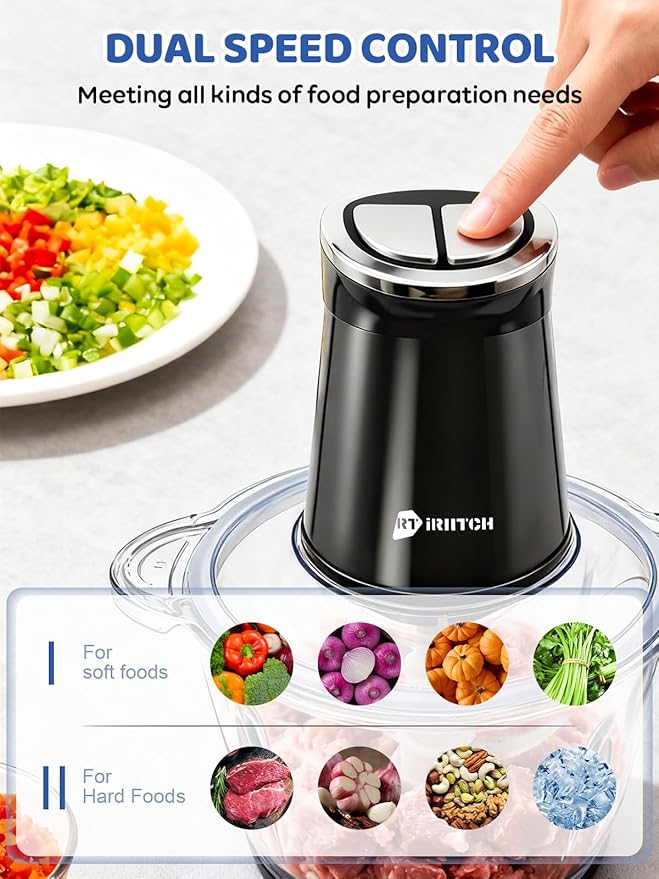 IRIITCH Food Processor with LED Timer, 800W Electric Chopper with 2 Bowls, Stainless Steel and Black, 2 Bi-Level Blades, Meat Grinder for Nuts, Onion, Garlic, Baby Food