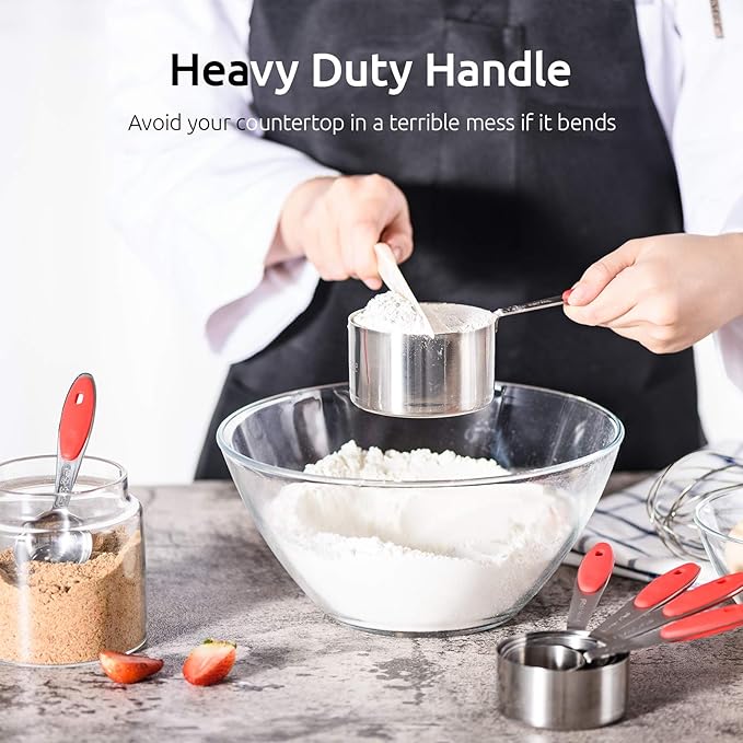 U-Taste 18/8 Stainless Steel Measuring Cups and Spoons Set of 10 Piece, Upgraded Thickness Handle and 1.5oz Heat Resistant Angled Turkey Baster with Cleaning Brush for Cooking Basting (Red)