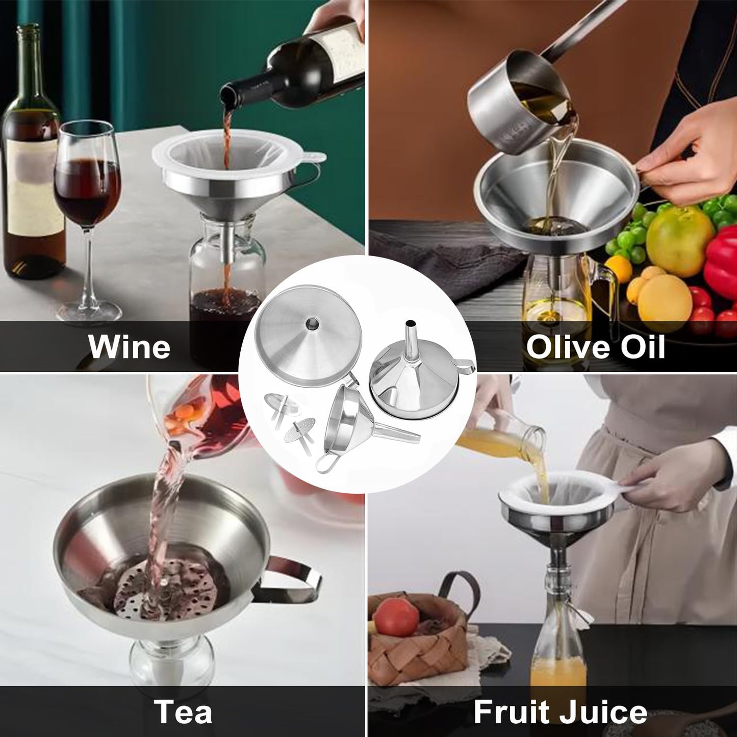Stainless Steel Funnels for Kitchen use,5 Different Sizes of Kitchen funnels,Metal Funnel with 2 Removable Strainer,Cleaning Brush,200 Mesh Food Filter,for Transferring of Liquid,Oils,Jam