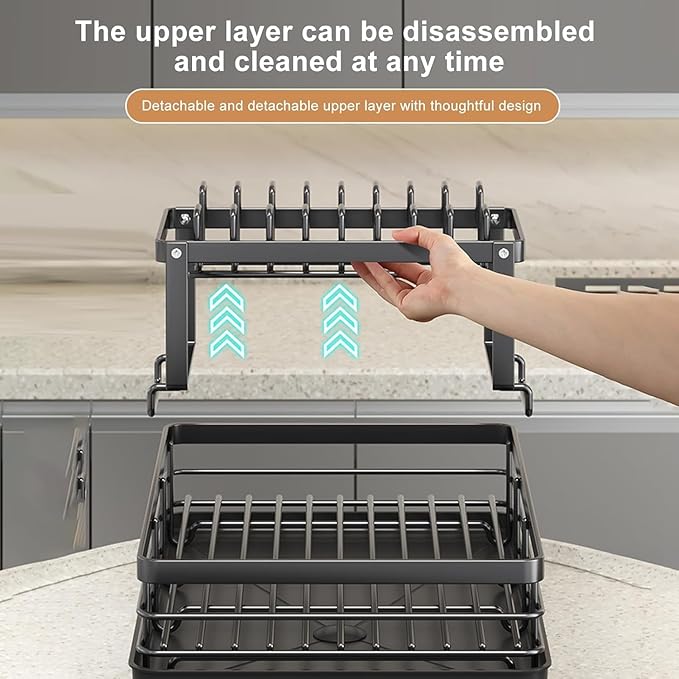 BCWW Drying Rack Dishes Stainless Steel Large Capacity 2-Tier Drying Rack Kitchen Counter Organizer with Cup Holder, Utensil & Cutting Board Storage, Space Saving (Black)