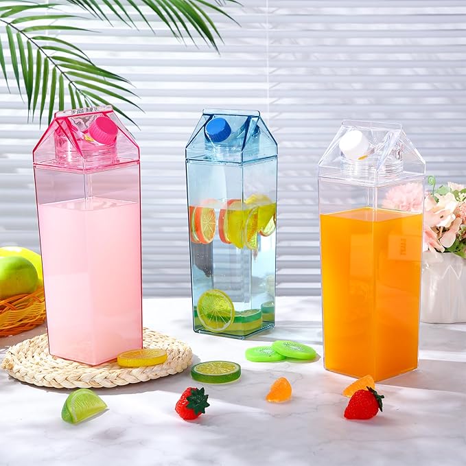 Remerry 3 Pcs Milk Carton Water Bottle Square Plastic Coffee Portable Reusable Milk Carton Cup Leakproof Juice Bottle