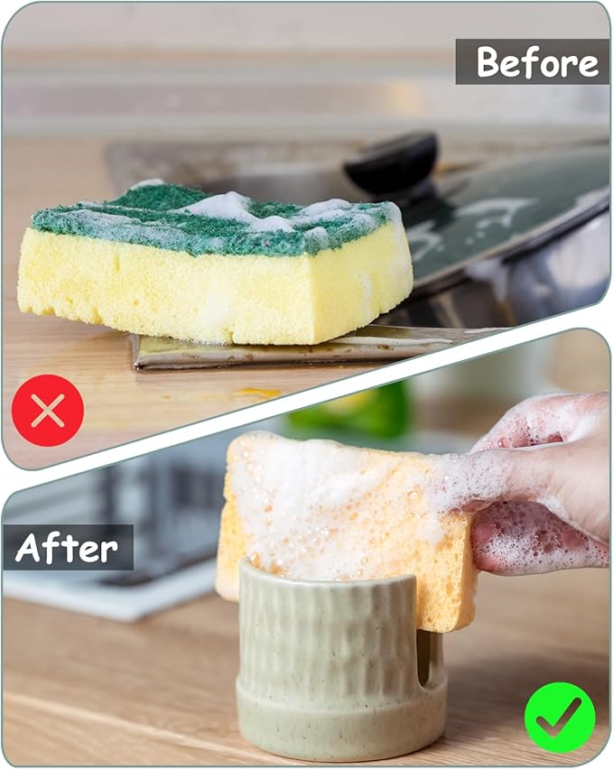 Kitchen Sponge Holder, Ceramics Sponge Dish Rack Sink Scrub Caddy for Scrubbers, Bathroom, Cute Kitchen Gadget Organizer, Yellow