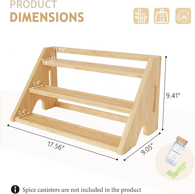 Bamboo Spice Rack Organizer -3-Tier Spice Rack for Countertop,Cabinet Spice Rack Organizer for 24 Spice Jars(4oz)，Step Shelf (yellow)