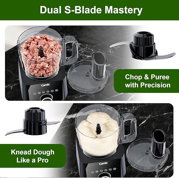 Camic Food Processor, 600W, Shredding and Slicing, French Fries Cutter, Kneading, Meat and Vegetable Chopping, Ice Crushing, 6 Presets, Easy to Operate and Clean for Home Use (Standard Version)