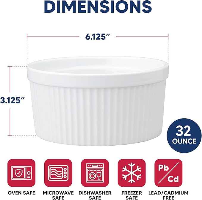HIC Kitchen Souffle, Fine Porcelain, For Baking Custards, Souffles, Casseroles, And Side Dishes, 32-Ounce (1-Quart) Capacity