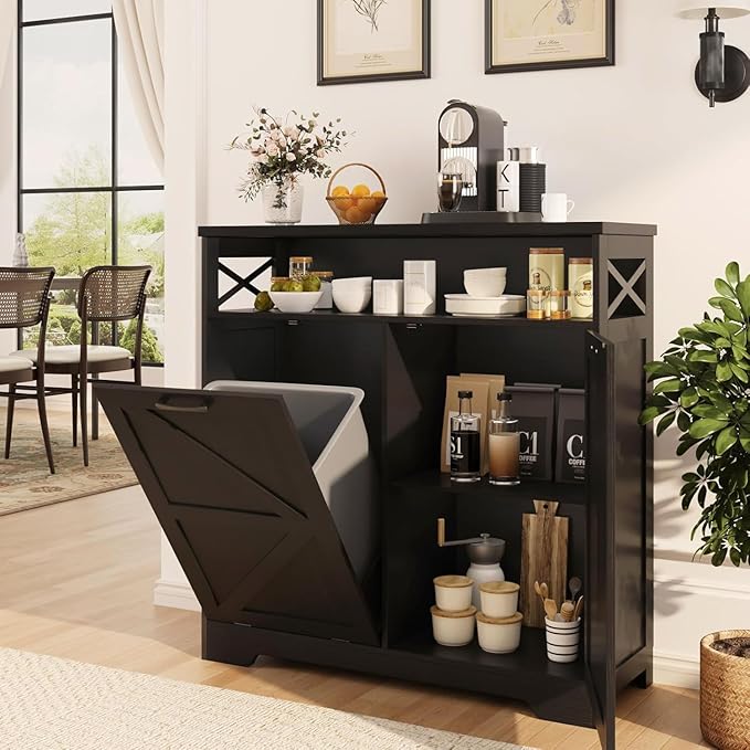 Befrases Tilt Out Trash Can Cabinet for 13 * 1 Gallon Trash Can, Farmhouse Kitchen Island Cabinet with Adjustable Shelf for Hidden Laundry Basket, Dog Proof Garbage Can for Dining Living Room, Black