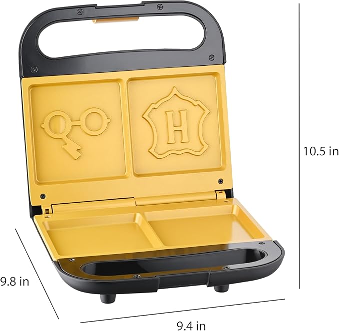 Warner Brothers Harry Potter Dual Sandwich Maker by Select Brands - Ceramic Coated Cooking Plates - Imprints Hogwarts Crest and Harry Potter Glasses on Toasted Sandwiches, Black and Gold, WBH-100SM