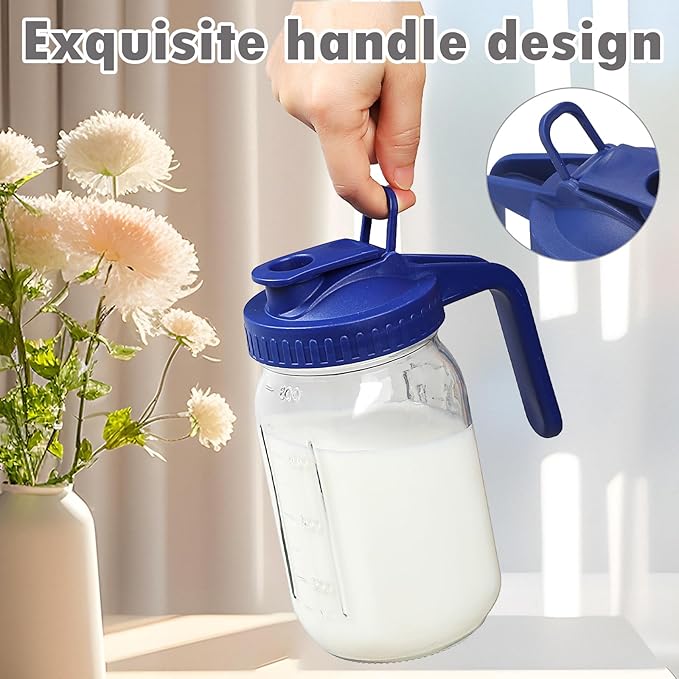 4 Pack 32oz Glass Pitcher with Lid, Double Leakproof Glass Mason Jar Pitcher with Pour Spout Lid, 1 Quart, Wide Mouth Storage Container for Breastmilk, Sun Tea, Juice, Cold Brew Coffee, Water