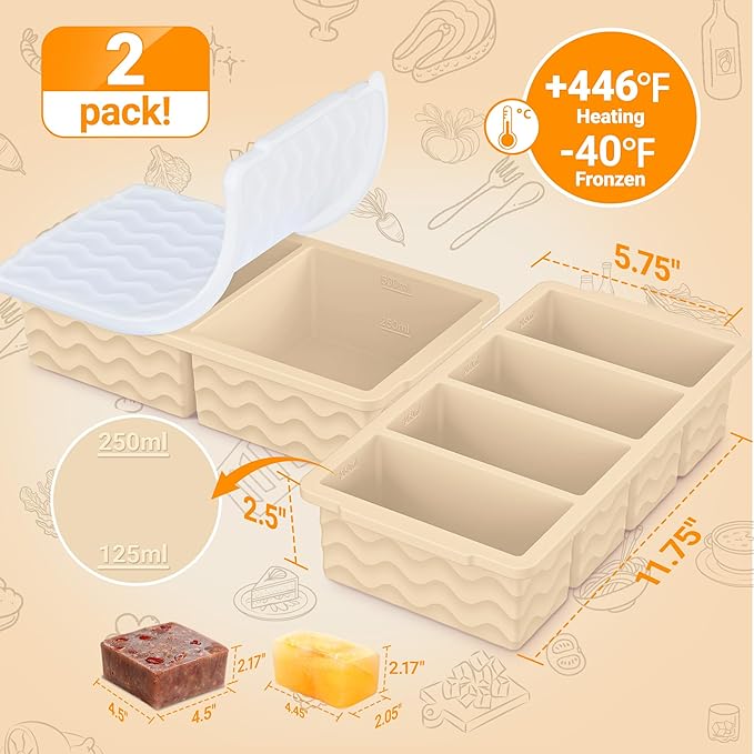 Silicone Freezer Molds for Soup with Lid, 1-Cup & 2-Cup Large Ice Cube Trays Food Storage Containers for Meal Prep, Freeze 500mL/250mL/125mL Portions – 2 Pack