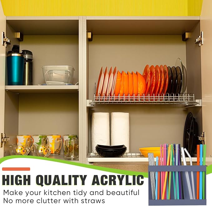Qinyoung Acrylic Straw Holder for Cabinet Door with Double Sided Adhesive Tape Reusable Straw Organizer Tumbler Storage Kitchen Accessories Container for Counter Cupboard(Classic,Large,Grey)