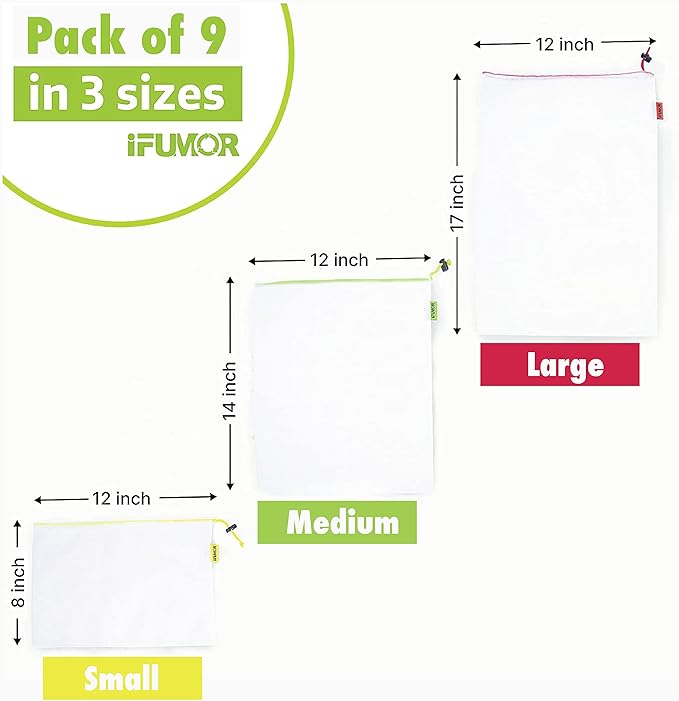 15-Pack Reusable Produce Bags – Heavy Duty Washable Mesh Grocery & Vegetable Bags with Drawstring, Eco-Friendly for Fruits, Food, Toys & Travel Storage