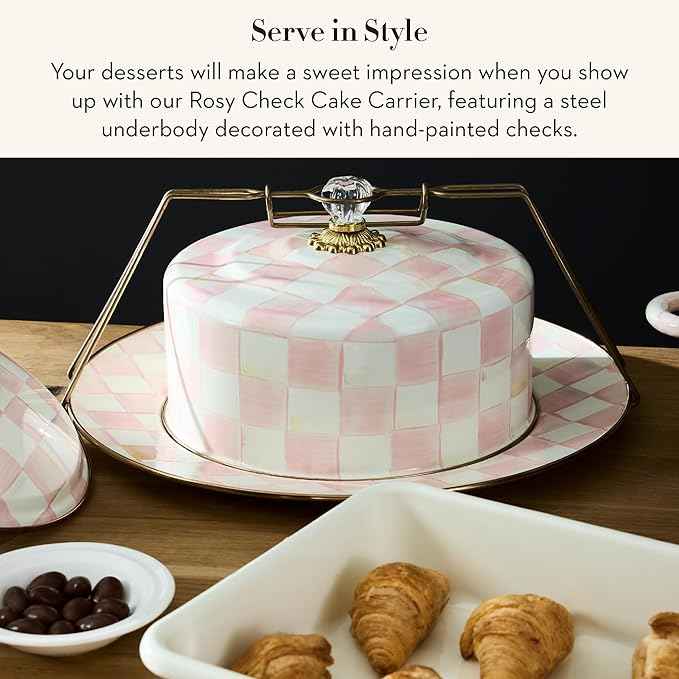 MACKENZIE-CHILDS Enamel Cake Carrier, Cake-Dish Serving Platter with Lid and Handles, Pink-and-White Rosy Check