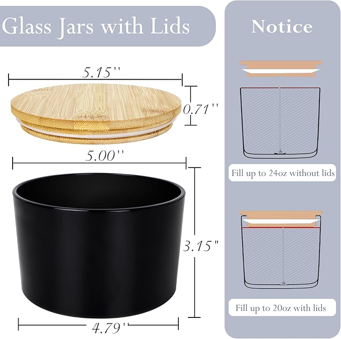 CONNOO 24oz Matte Black Glass Candle Jars 6 Pack, Multi-Wick Wide Mouth Empty Bulk Candle Containers for Making Candles with Airtight Bamboo Lids, Sticky Warning Labels, Wick kit- Dishwasher Safe