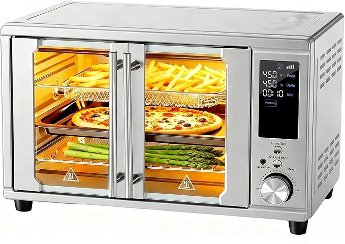 NEWBULIG 30QT Smart Air Fryer Toaster Oven Combo, 13-in-1 Double-Door Airfryer Oven, 0-450°F Temperature Control, 0-250°F Probe Control, Rotisserie & Mesh Basket, Professional Home Cooking
