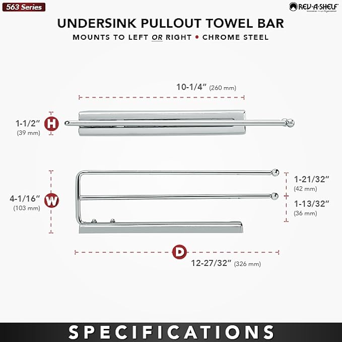 Rev-A-Shelf Under Sink Cabinet Kitchen Bathroom Prong Pullout Extendable 2 Prong Standard Size Towel Bar Organizer, Chrome, 563-51-C