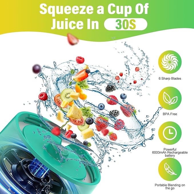 Portable Blender, 360W Personal Blender for Shakes and Smoothies for Kitchen, 24 Oz BPA Free Traveling Juicer Cup and Lid with 6 Blades, Self Cleaning Portable Juicer for Kitchen/Travel/Gym, Green