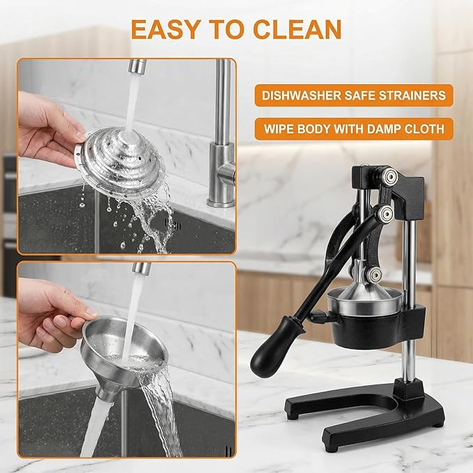 Cast Iron Citrus Juicer - 13.8LB Heavy Duty Manual Orange Press, 304 Stainless Steel Cup & Strainer, Professional Lemon Grapefruit Pomegranate Squeezer for Home Bar Kitchen, Black