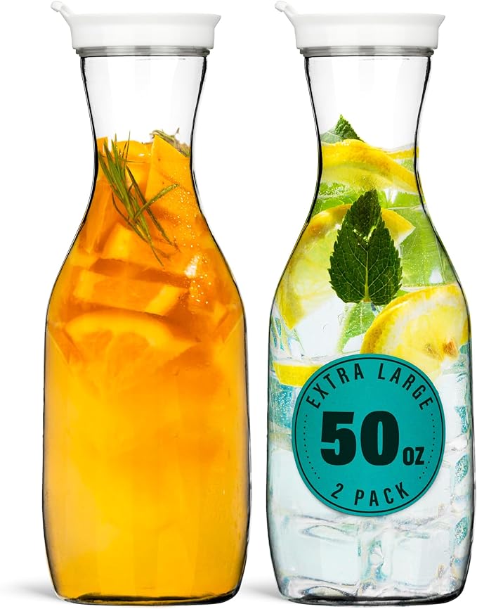 DecorRack 2 Large Water Carafes, Bottles with Flip Top Lid, 50 Oz Each, BPA-Free Plastic Juice Pitcher, Decanter, Jug, Serve Fridge Cold Iced Tea, for Outdoors, Picnic, Parties, NOT DISHWASHER SAFE