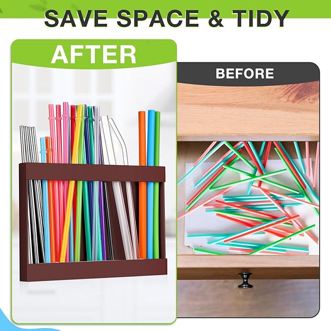 Qinyoung Acrylic Straw Holder for Cabinet Door with Double Sided Adhesive Tape Reusable Straw Organizer Tumbler Storage Kitchen Accessories Container for Counter Cupboard(Classic,Large,Brown)