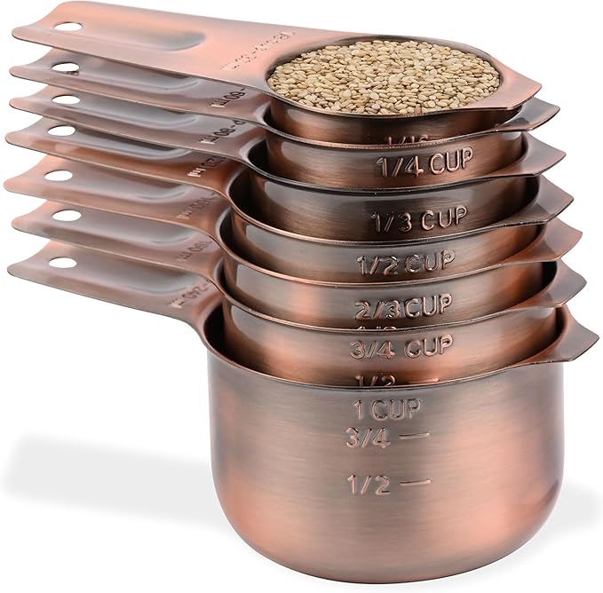 Copper Measuring Cups and Spoons Set, Stainless Steel Measuring Cups and Spoons Set, Metric & US 7 Measure Cup & 9 Long MeasureSpoon,1Leveler & 1Measure Equivalents for Kitchen & Baking