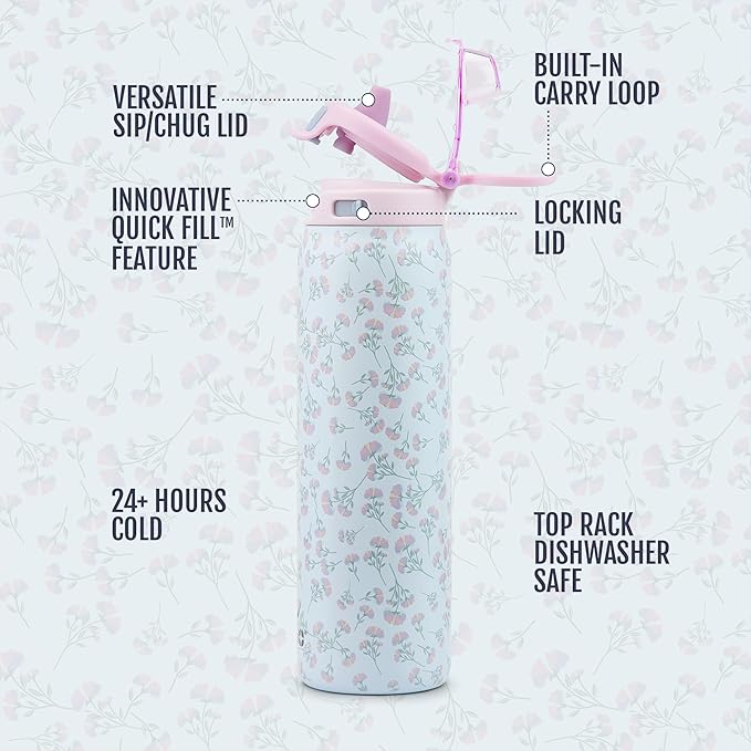 Ello Pop & Fill 32oz Stainless Steel Water Bottle with QuickFill Technology, Double Walled and Vacuum Insulated Metal, Leak Proof Locking Lid, Straw and Chug, Reusable, BPA Free, Serene Bloom