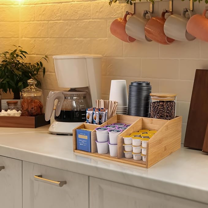 Bamboo Coffee Station Organizer for Countertop, Coffee Bar Accessories Organizer with 6 Compartments for Tea Bags Condiment, Pods, Creamer, Syrup, Cups