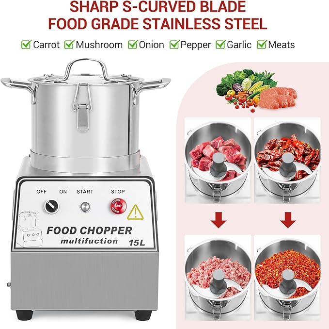 1400W Stainless Steel Commercial Food Processor, 63 Cup (16QT) Capacity, Electric Chopper & Meat Grinder for Vegetables, Nuts, Mixing, Blending, Durable Pro Kitchen Food Processing Machine