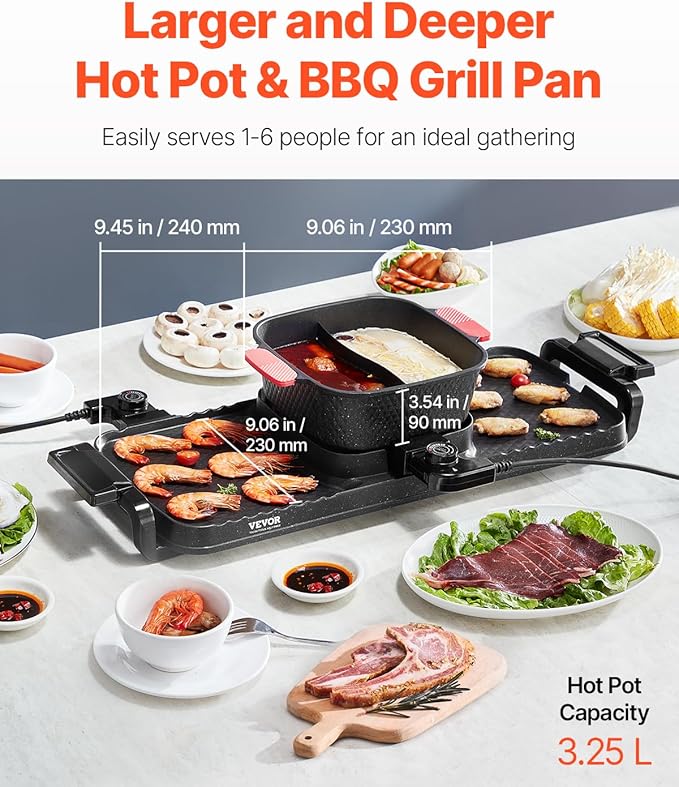 VEVOR Hot Pot with Grill, 2300W 2-in-1 Electric Smokeless Grill and Hot Pot, Removable Shabu-shabu Hotpot with Non-stick Pan, Separate Dual Temperature Control, Indoor Korean BBQ for 1-6 People