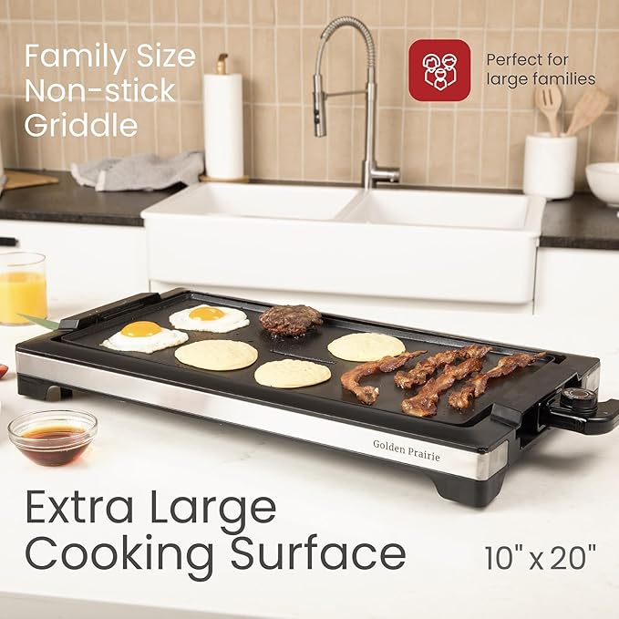 Indoor Grill & Electric Griddle, 1800W 20-Inch XL Nonstick Electric Skillet Griddle with Adjustable Temperature & Drip Tray, Easy to Clean – For Breakfast, Pancakes, Eggs, Teppanyaki