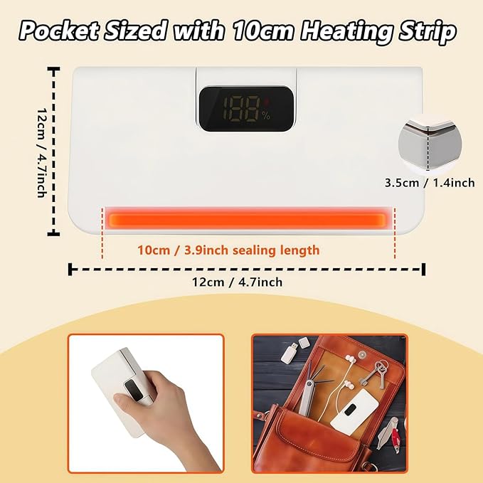 2026 New USB-C Rechargeable Mini Bag Sealer, One-Touch, Adjustable and Portable Freshness, 6-Level Adjustable Heat Sealer & Cutter, LED Display, Magnetic Base for Fridge & Kitchen (Blue)