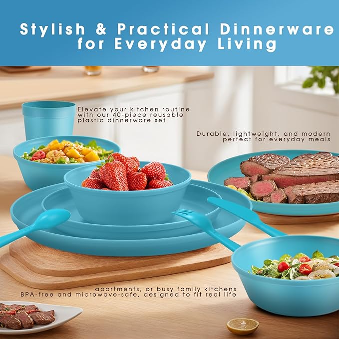 40 Piece Plastic Dinnerware Set for 8 with Cutlery, Unbreakable Plates and Bowls Set, Dishwasher & Microwave Safe Reusable Dish Set for Camping, RV, Outdoor Kitchen, Apartment Dining, Teal
