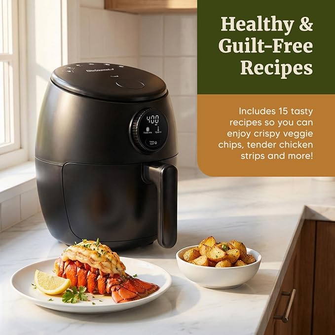 Elite Gourmet EAF2612D Personal 2.1Qt Compact Space Saving Programmable Hot Air Fryer, Oil-Less Healthy Cooker, Timer & Temperature Controls, 1000W, Black