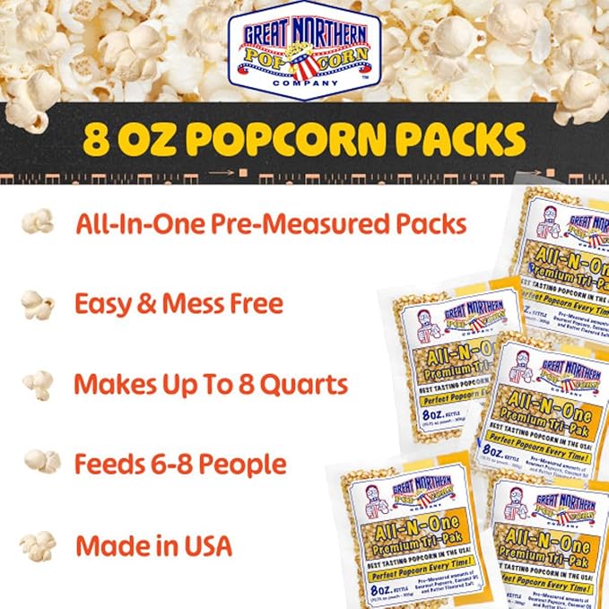 Movie Theater Style 12-Count Popcorn Packs - Pre-Measured 8-Ounce All-in-One Kernel, Salt, Oil Packets for Popping Machines by Great Northern Popcorn