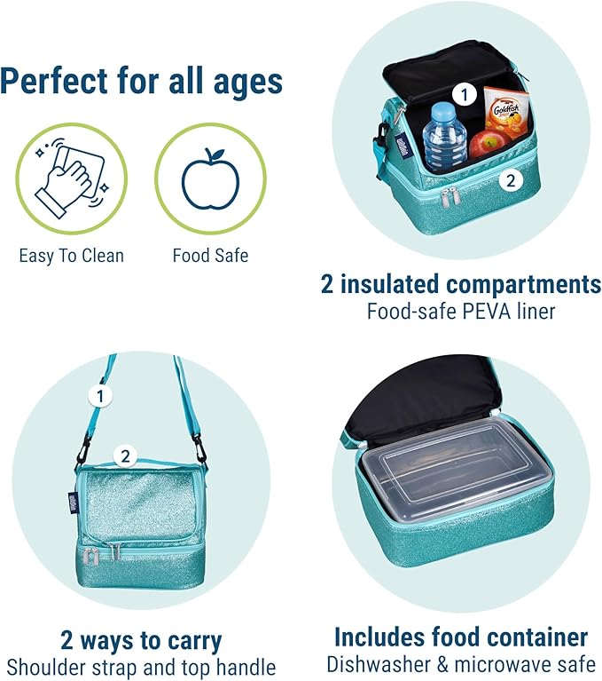 Wildkin Kids Two Compartment Insulated Lunch Bag – Keeps Food Hot or Cold, Easy-Clean Lining, Leak-Resistant & BPA-Free – Boys & Girls, Ideal for School, Travel & Daycare – Blue Glitter