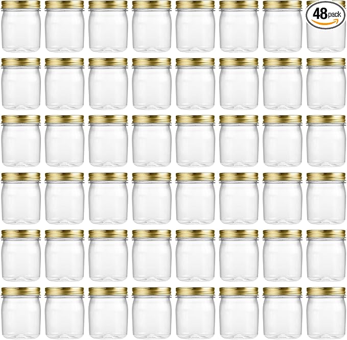 novelinks 8 oz Clear Plastic Jars with Airtight Lids, 48 Pack Plastic Mason Jars with Lids 8oz, Refillable Storage Slime Containers & Small Spice Jar for Kitchen Organization (48 Pack,Gold)