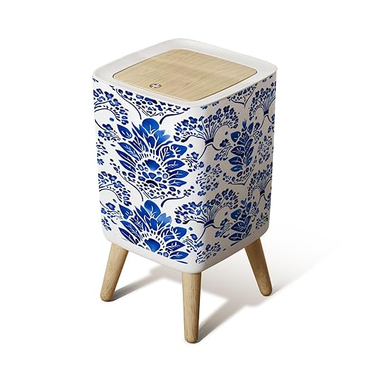 Small Trash Can with Lid porcelain seamless pattern Floral ornament watercolor blue white Wastebasket with Press Cover Dog Proof Garbage Can Waste Bin for Kitchen Bathroom Nursery 2.6 Gallon