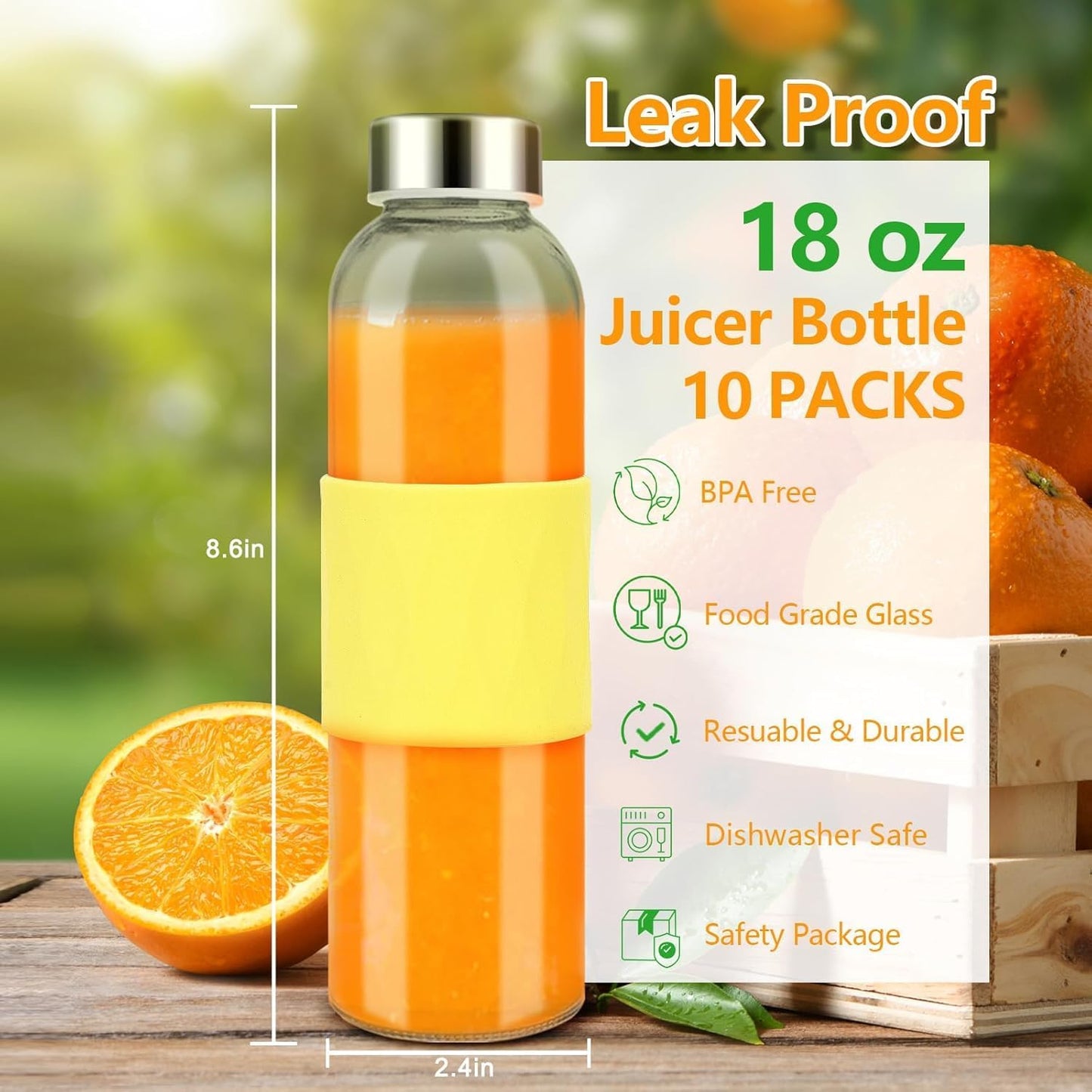 Zukro Glass Water Bottles with Lids 18 oz, Reusable Clear Juice Bottles Stainless Steel Airtight Cap for Juicing, 100% Leak Proof Juice Drinking Jar With Sleeve for Refrigerator, BPA Free, Set of 10
