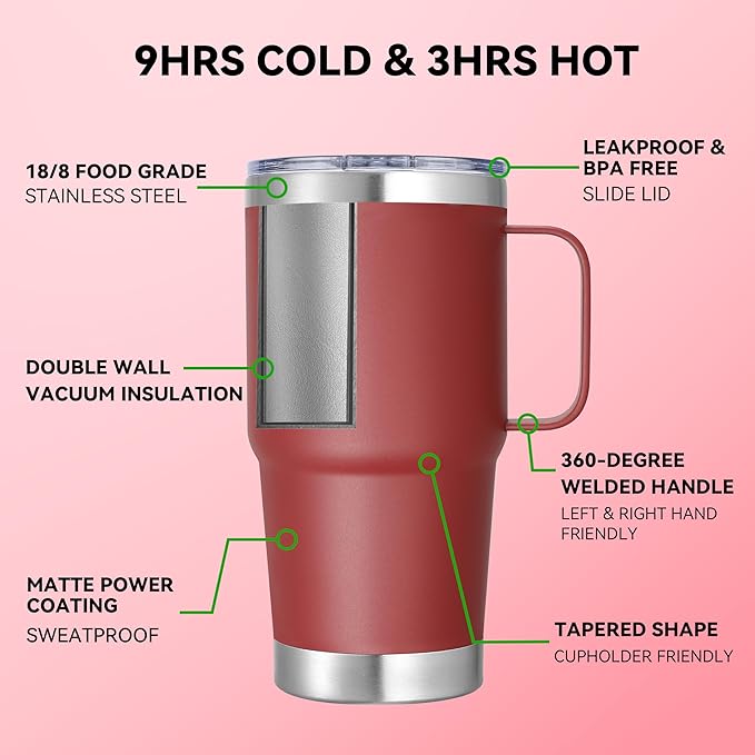 20 oz Stainless Steel Tumbler with Handle Bulk Metal Insulated Tumblers Travel Coffee Mug with Handle Double Wall Tumbler Cup with Lid and Straw, Wine Red 12 Pack