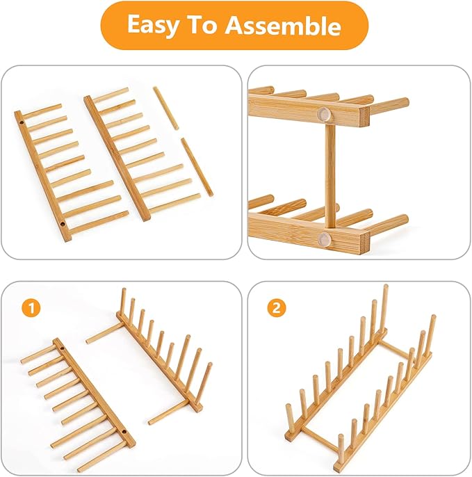 HBlife Heighten and Widen Bamboo Dish Drying Rack Plate Bowl Cup Book Pot Lid Cutting Board Stand Drainer Storage Holder Organizer for Kitchen Cabinet