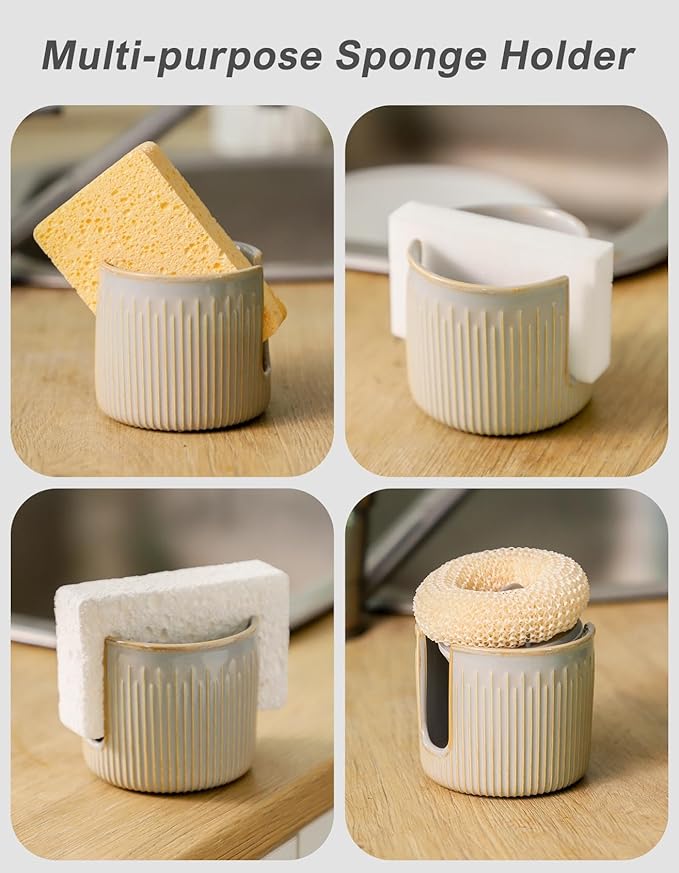 Ceramic Sponge Holder for Kitchen Sink, Scrub Sponge Dish Rack, Farmhouse Compact Sink Caddy Organizer, Vintage Grey