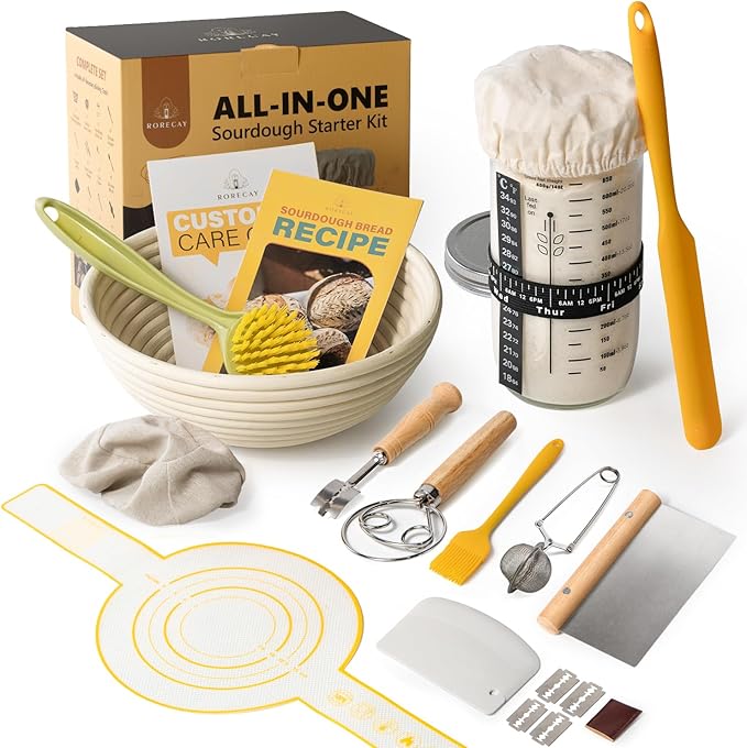 Sourdough Starter Kit, Banneton Bread Proofing Basket Set with 24oz Starter Jar, Sourdough Bread Baking Supplies with 9'' Round Banneton Baskets, Bread Making Baking Tools Gifts for Bakers