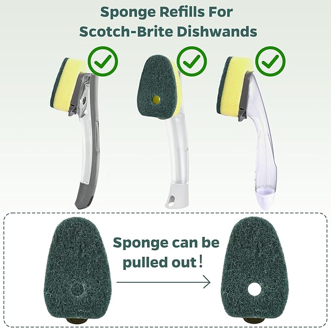 Sponge Dishwand Brush Refills for Scotch-Brite Dishwand - 20 Pack Dish Soap Non-Scratch Brush Refills for Nonstick Pots and Pans, Glass & Tubs（Green