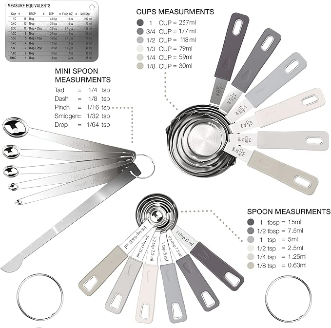 CuttleLab 22-Piece Stainless Steel Measuring Cups and Spoons Set, Tad Dash Pinch Smidgen Drop Mini Measuring Spoons, Measuring Stick Leveler, Measurement Conversion Chart Fridge Magnet, (Charcoal)