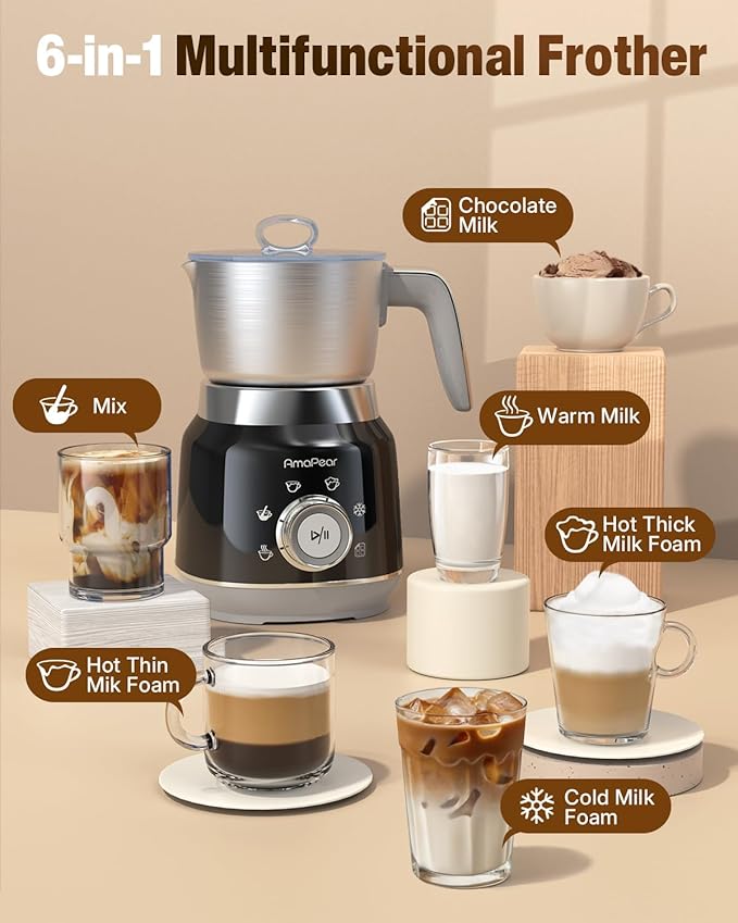 Milk Frother and Steamer, 6 in 1 Electric Foam Maker for Coffee, 16.9oz/500ml Milk Warmer for Latte, Macchiato, Cappuccino, Hot Chocolate Maker, Dishwasher Safe (Black)