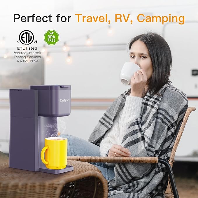 Tastyle Mini Hot and Iced Coffee Maker Single Serve, for K Cup and Ground, 6 to 14 Oz Brew Sizes, with Recipe Book, for Home, Travel, RV, Office and Dorm, Violet